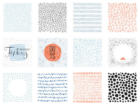 Set of abstract square backgrounds and sketch dots textures. Vector illustration.