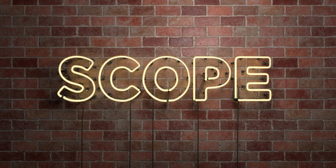 SCOPE - fluorescent Neon tube Sign on brickwork - Front view - 3D rendered royalty free stock picture. Can be used for online banner ads and direct mailers..