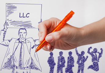 Business, technology, internet and networking concept. The girl draws a pen businessman with a...