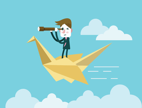 Businessman holding telescope and riding on origami bird. flat design element. vector illustration