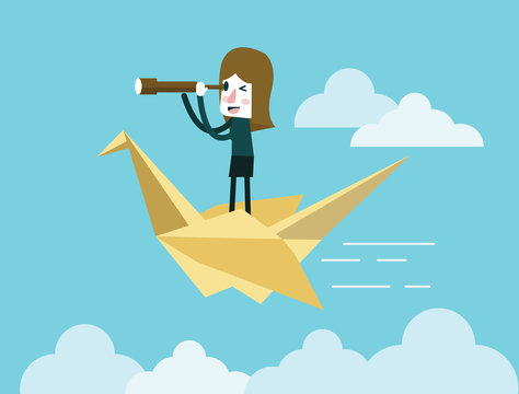 Business woman holding telescope and riding on origami bird. flat design element. vector illustration