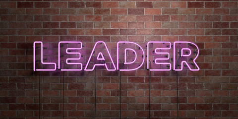 LEADER - fluorescent Neon tube Sign on brickwork - Front view - 3D rendered royalty free stock picture. Can be used for online banner ads and direct mailers..