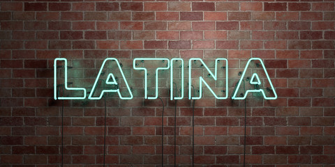 LATINA - fluorescent Neon tube Sign on brickwork - Front view - 3D rendered royalty free stock picture. Can be used for online banner ads and direct mailers..
