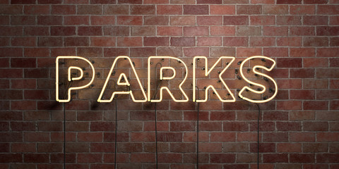 PARKS - fluorescent Neon tube Sign on brickwork - Front view - 3D rendered royalty free stock picture. Can be used for online banner ads and direct mailers..