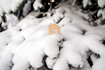     symbol of the house stands on a snow-covered fir branches 