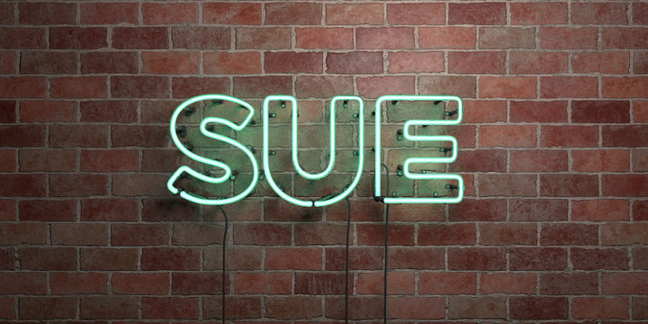 SUE - fluorescent Neon tube Sign on brickwork - Front view - 3D rendered royalty free stock picture. Can be used for online banner ads and direct mailers..