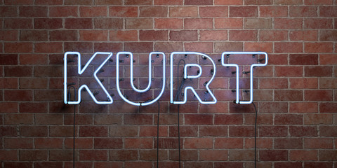 KURT - fluorescent Neon tube Sign on brickwork - Front view - 3D rendered royalty free stock picture. Can be used for online banner ads and direct mailers..