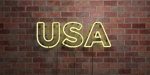 USA - fluorescent Neon tube Sign on brickwork - Front view - 3D rendered royalty free stock picture. Can be used for online banner ads and direct mailers..
