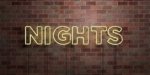 NIGHTS - fluorescent Neon tube Sign on brickwork - Front view - 3D rendered royalty free stock picture. Can be used for online banner ads and direct mailers..