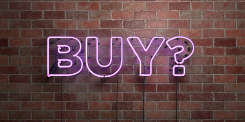 BUY? - fluorescent Neon tube Sign on brickwork - Front view - 3D rendered royalty free stock picture. Can be used for online banner ads and direct mailers..