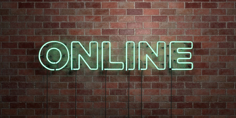 Fototapeta na wymiar ONLINE - fluorescent Neon tube Sign on brickwork - Front view - 3D rendered royalty free stock picture. Can be used for online banner ads and direct mailers..