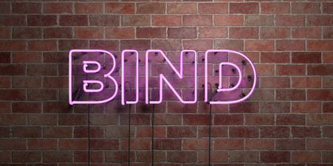 BIND - fluorescent Neon tube Sign on brickwork - Front view - 3D rendered royalty free stock picture. Can be used for online banner ads and direct mailers..