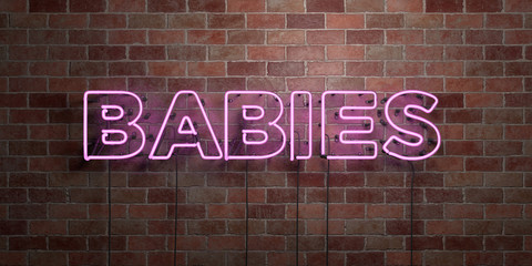 BABIES - fluorescent Neon tube Sign on brickwork - Front view - 3D rendered royalty free stock picture. Can be used for online banner ads and direct mailers..