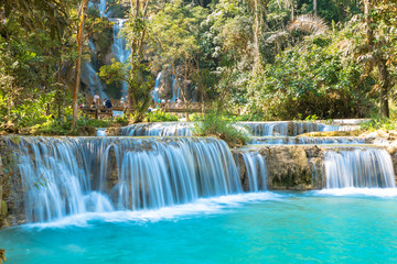 Waterfall in forest, names " Tat Kuang Si Waterfalls