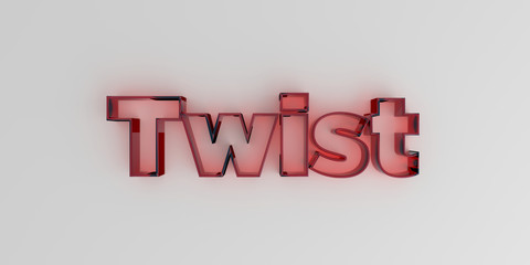 Twist - Red glass text on white background - 3D rendered royalty free stock image.