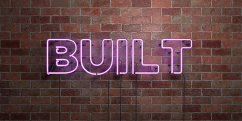 BUILT - fluorescent Neon tube Sign on brickwork - Front view - 3D rendered royalty free stock picture. Can be used for online banner ads and direct mailers..