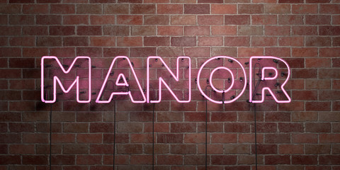 MANOR - fluorescent Neon tube Sign on brickwork - Front view - 3D rendered royalty free stock picture. Can be used for online banner ads and direct mailers..