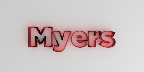 Myers - Red glass text on white background - 3D rendered royalty free stock image.