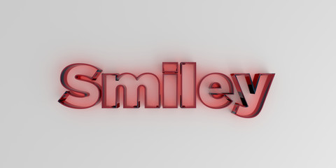 Smiley - Red glass text on white background - 3D rendered royalty free stock image.