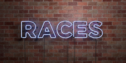 Fototapeta na wymiar RACES - fluorescent Neon tube Sign on brickwork - Front view - 3D rendered royalty free stock picture. Can be used for online banner ads and direct mailers..