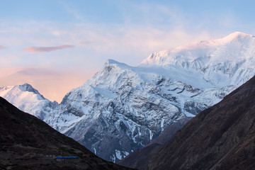 Beautiful sunrise mountain landscape, Annapurna Range in Himalayas, Nepal.