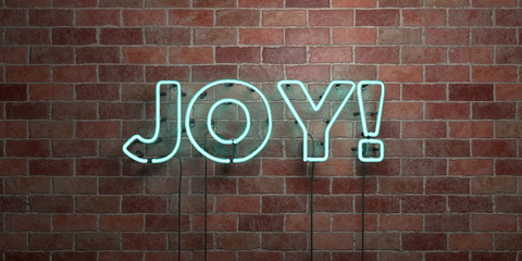 JOY! - fluorescent Neon tube Sign on brickwork - Front view - 3D rendered royalty free stock picture. Can be used for online banner ads and direct mailers..
