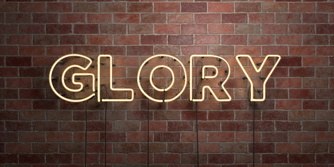 GLORY - fluorescent Neon tube Sign on brickwork - Front view - 3D rendered royalty free stock picture. Can be used for online banner ads and direct mailers..