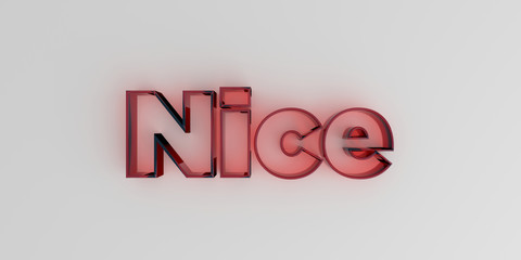 Nice - Red glass text on white background - 3D rendered royalty free stock image.
