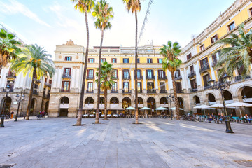 BARCELONA, SPAIN - November 10: Plaza Real Placa Reial . Royal Square Catalonia - obrazy, fototapety, plakaty