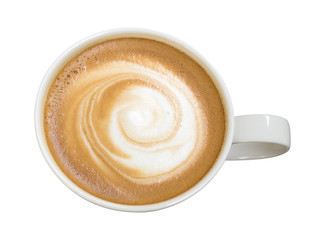 Top view of hot coffee cappuccino isolated on white background, clipping included
