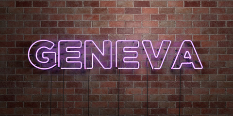 GENEVA - fluorescent Neon tube Sign on brickwork - Front view - 3D rendered royalty free stock picture. Can be used for online banner ads and direct mailers..