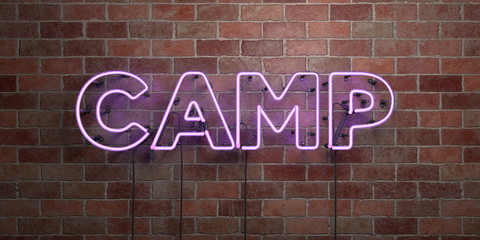 CAMP - fluorescent Neon tube Sign on brickwork - Front view - 3D rendered royalty free stock picture. Can be used for online banner ads and direct mailers..