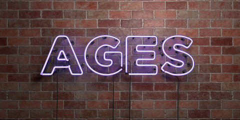 AGES - fluorescent Neon tube Sign on brickwork - Front view - 3D rendered royalty free stock picture. Can be used for online banner ads and direct mailers..