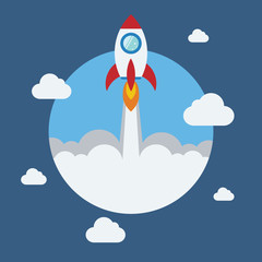 Rocket flat design concept for Project start up and development process.Space rocketship launch.Flying rocket space travel for business innovation product,creative idea and management.
