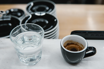 cup with coffee near a glass of water