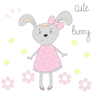 cute bunny in a pink dress vector illustration