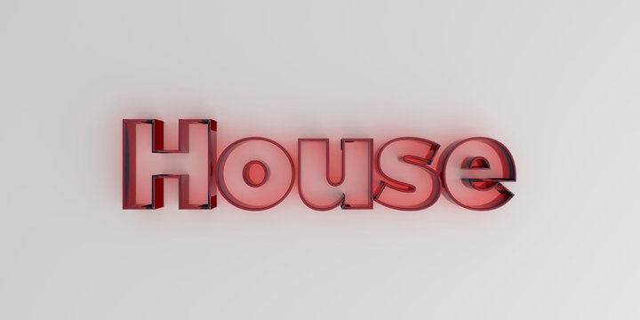 House - Red glass text on white background - 3D rendered royalty free stock image.