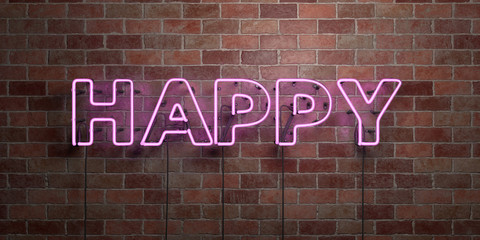 HAPPY - fluorescent Neon tube Sign on brickwork - Front view - 3D rendered royalty free stock picture. Can be used for online banner ads and direct mailers..