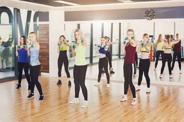 Group of young women in the fitness class, aerobics