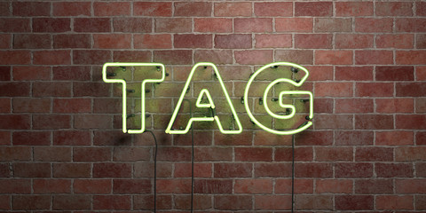 TAG - fluorescent Neon tube Sign on brickwork - Front view - 3D rendered royalty free stock picture. Can be used for online banner ads and direct mailers..