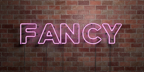 FANCY - fluorescent Neon tube Sign on brickwork - Front view - 3D rendered royalty free stock picture. Can be used for online banner ads and direct mailers..