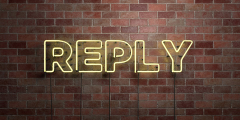 REPLY - fluorescent Neon tube Sign on brickwork - Front view - 3D rendered royalty free stock picture. Can be used for online banner ads and direct mailers..