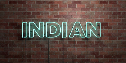 INDIAN - fluorescent Neon tube Sign on brickwork - Front view - 3D rendered royalty free stock picture. Can be used for online banner ads and direct mailers..