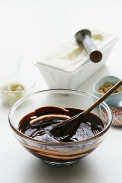 Chocolate sauce and vanilla ice cream