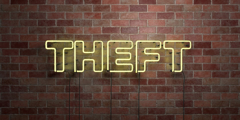 Fototapeta na wymiar THEFT - fluorescent Neon tube Sign on brickwork - Front view - 3D rendered royalty free stock picture. Can be used for online banner ads and direct mailers..