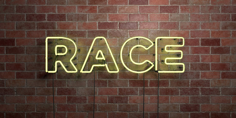 RACE - fluorescent Neon tube Sign on brickwork - Front view - 3D rendered royalty free stock picture. Can be used for online banner ads and direct mailers..
