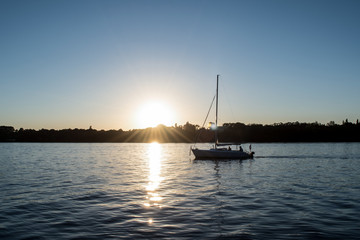 Sunset on the lake. Yacht.