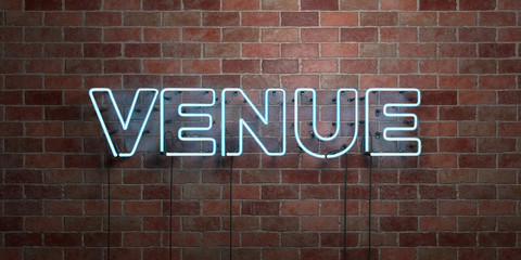 VENUE - fluorescent Neon tube Sign on brickwork - Front view - 3D rendered royalty free stock picture. Can be used for online banner ads and direct mailers..