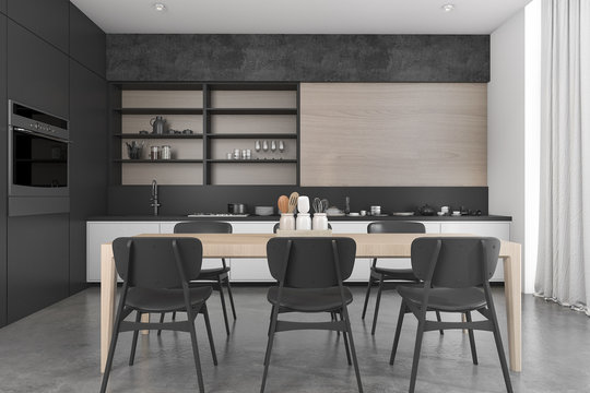 3d rendering black wood loft dining room and kitchen