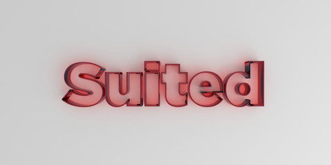 Suited - Red glass text on white background - 3D rendered royalty free stock image.